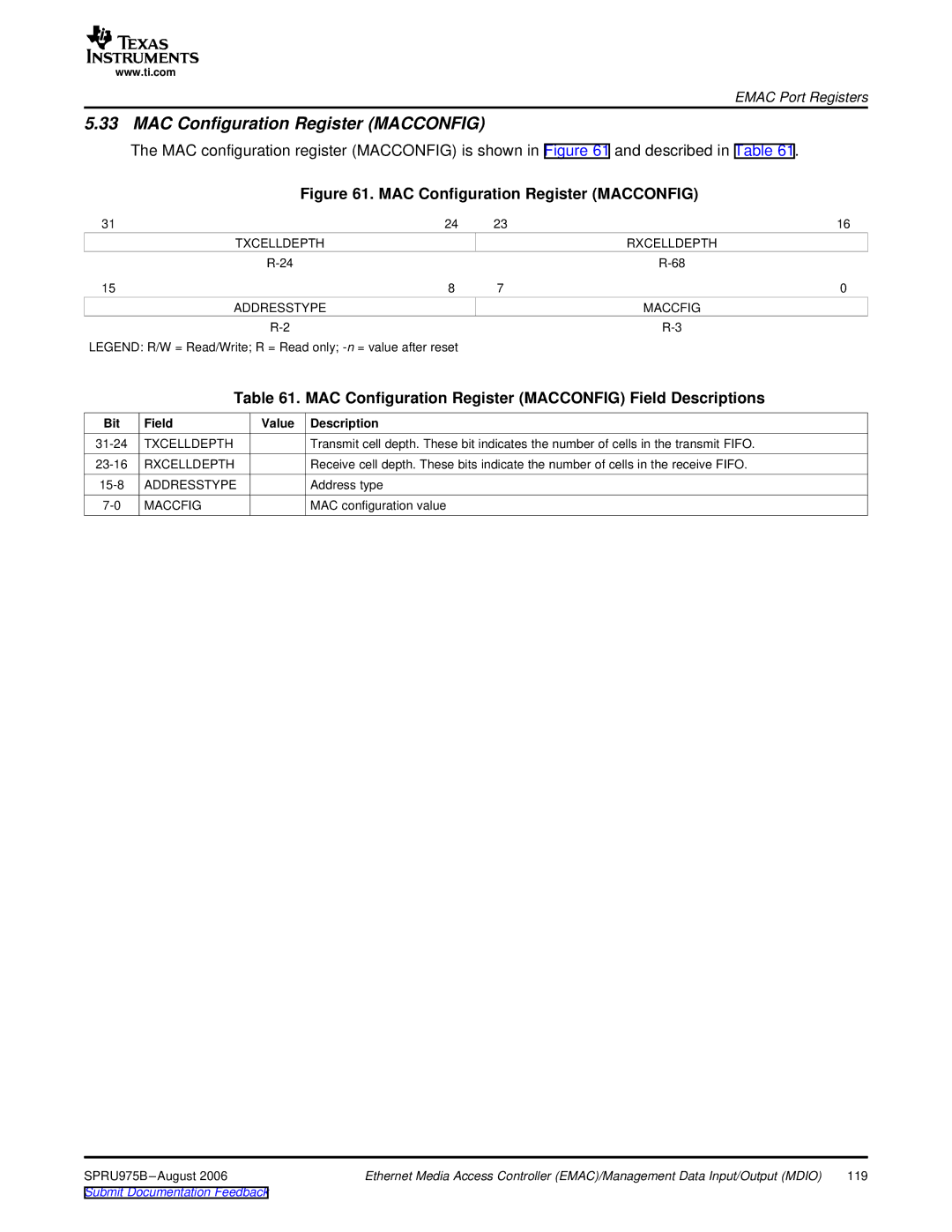 Texas Instruments TMS320C645x DSP manual MAC Configuration Register Macconfig, Txcelldepth Rxcelldepth Addresstype Maccfig 