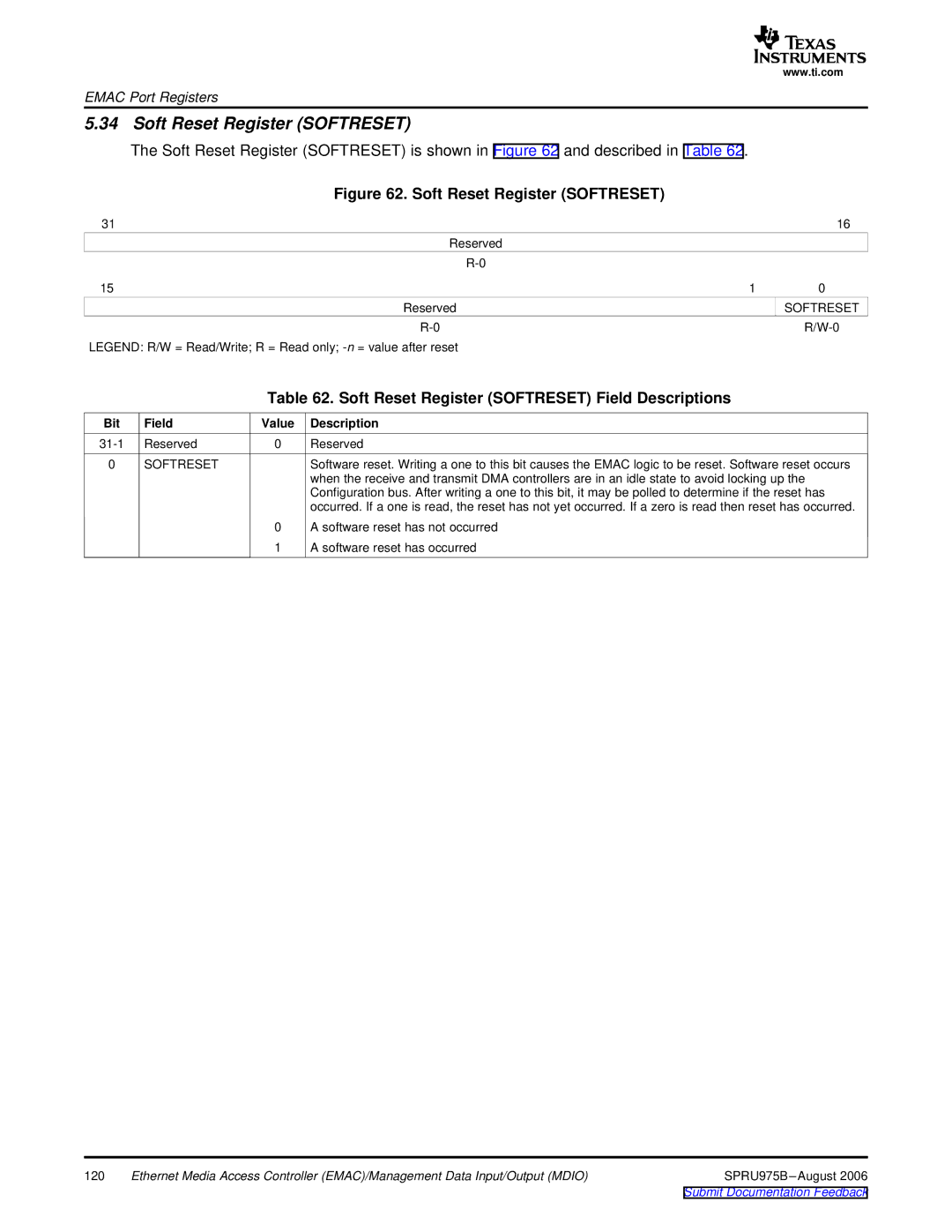 Texas Instruments TMS320C645x DSP manual Soft Reset Register Softreset Field Descriptions 