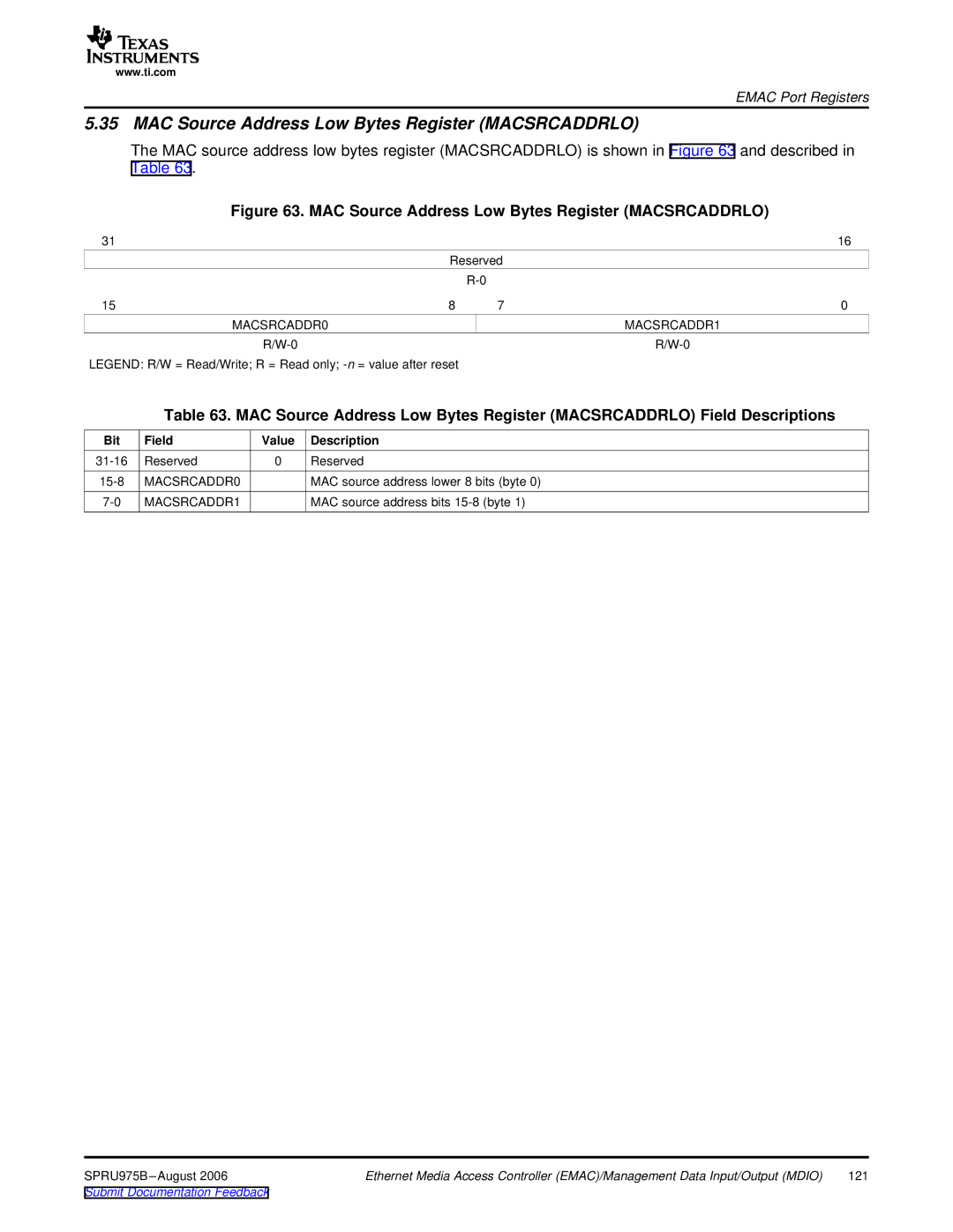 Texas Instruments TMS320C645x DSP manual MAC Source Address Low Bytes Register Macsrcaddrlo, MACSRCADDR0 MACSRCADDR1 