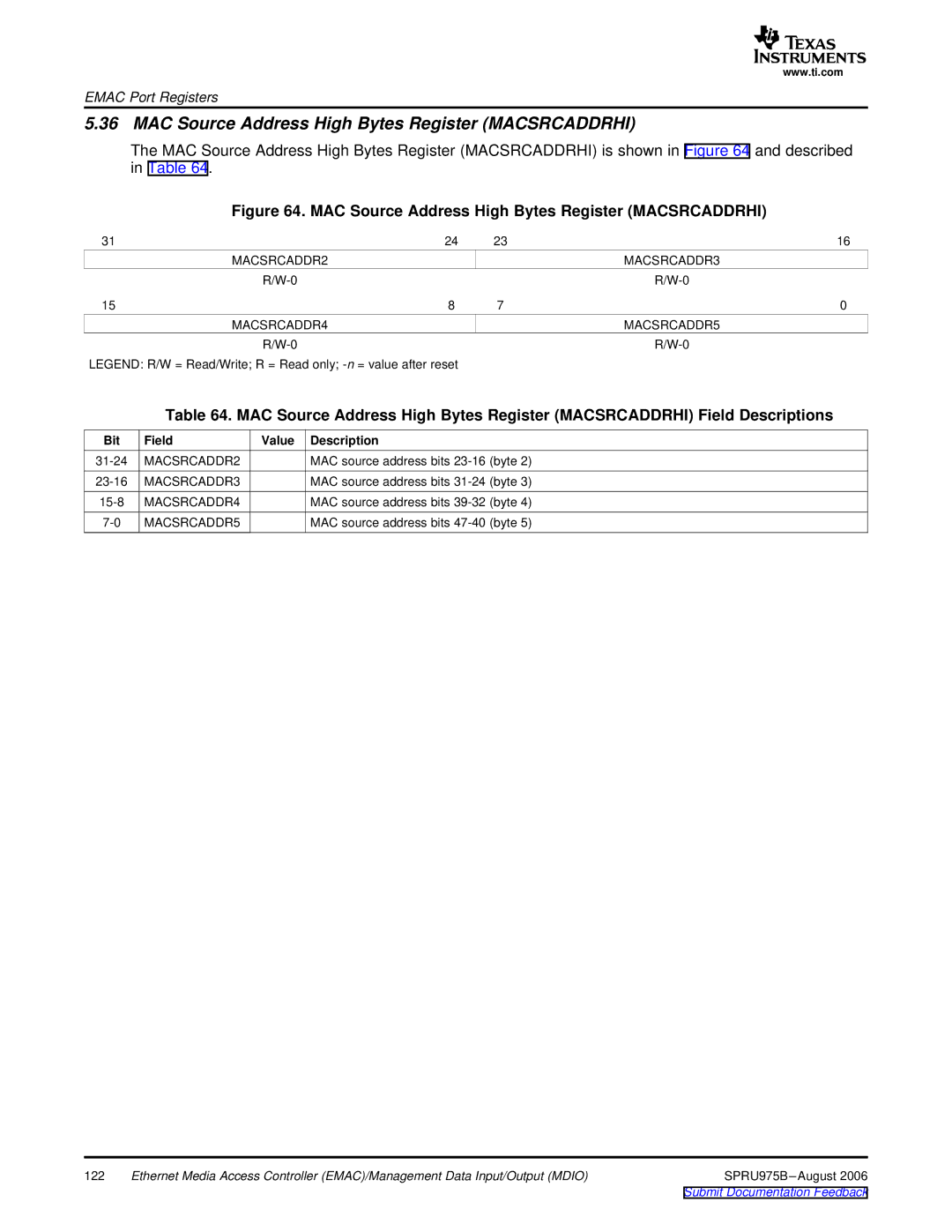 Texas Instruments TMS320C645x DSP manual MAC Source Address High Bytes Register Macsrcaddrhi, MACSRCADDR2 