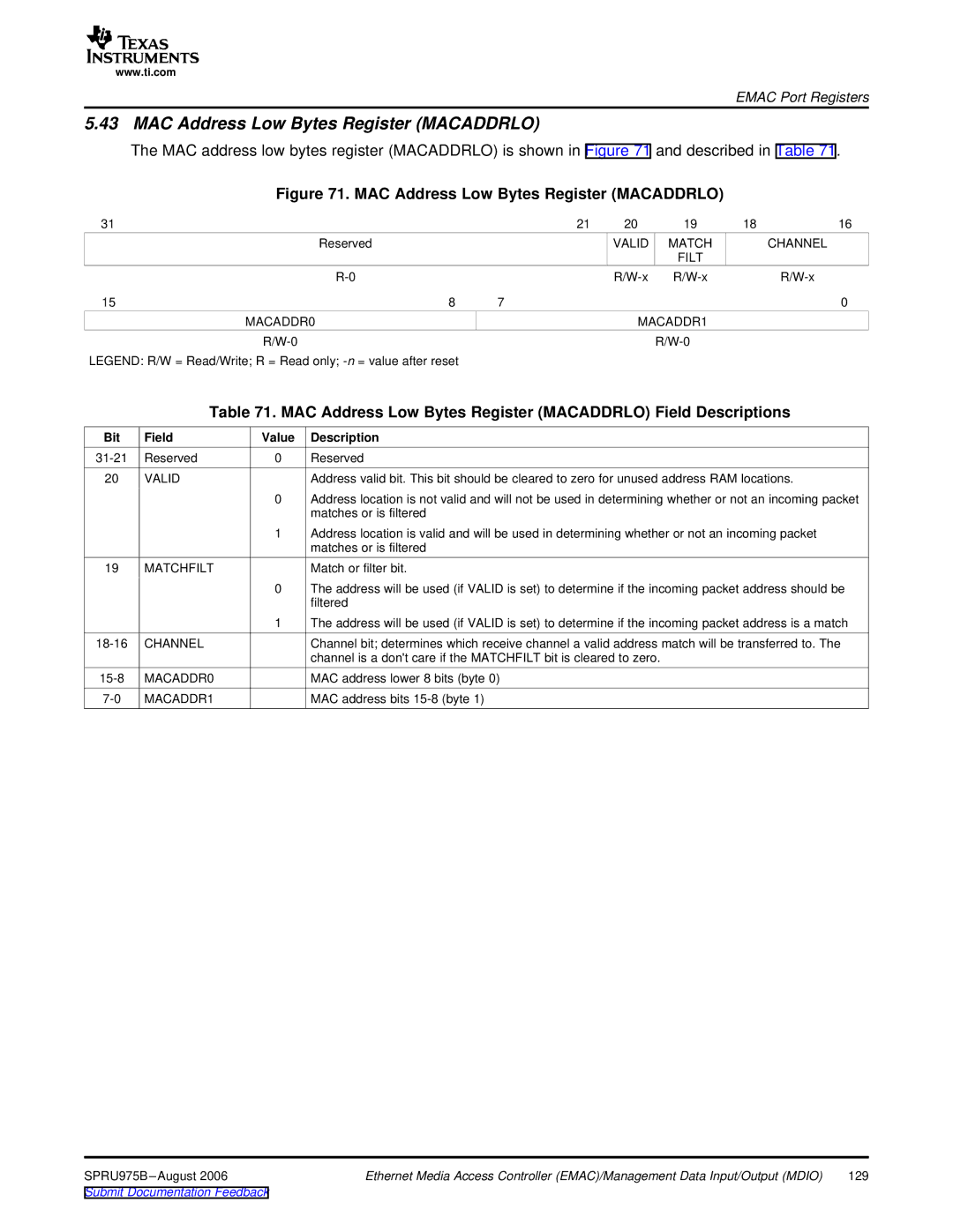 Texas Instruments TMS320C645x DSP MAC Address Low Bytes Register Macaddrlo, Valid Match Channel Filt MACADDR0 MACADDR1 