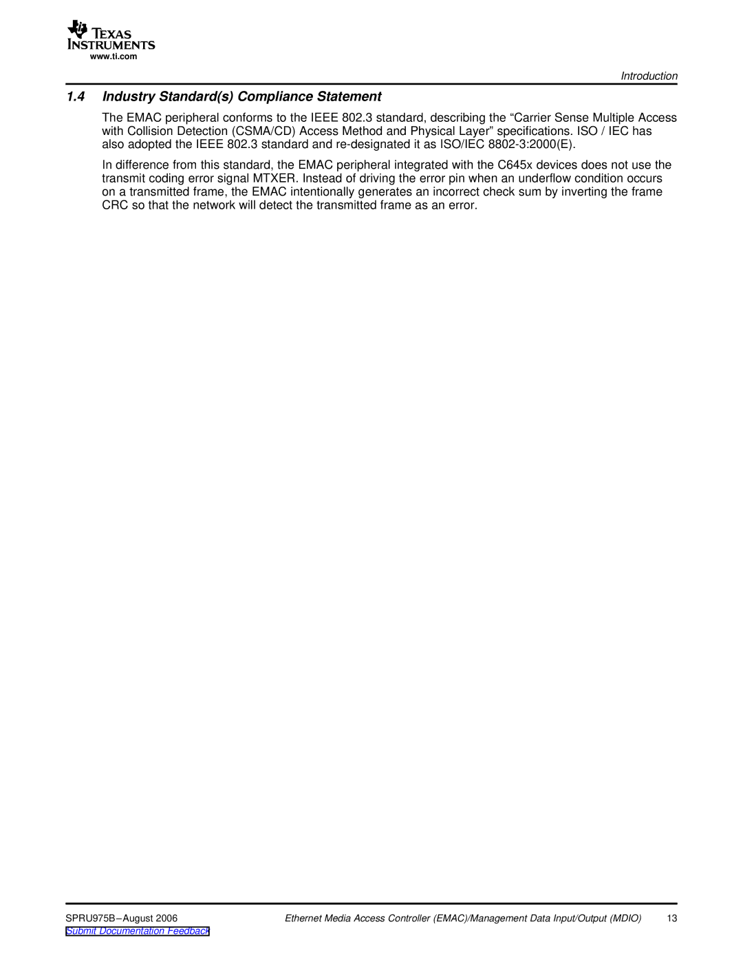 Texas Instruments TMS320C645x DSP manual Industry Standards Compliance Statement 