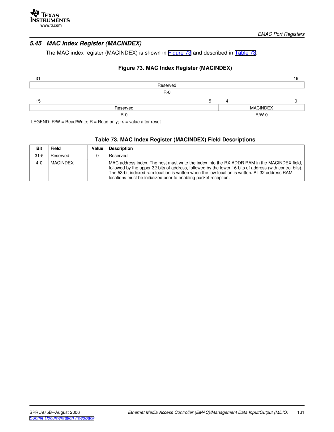 Texas Instruments TMS320C645x DSP manual MAC Index Register Macindex Field Descriptions 