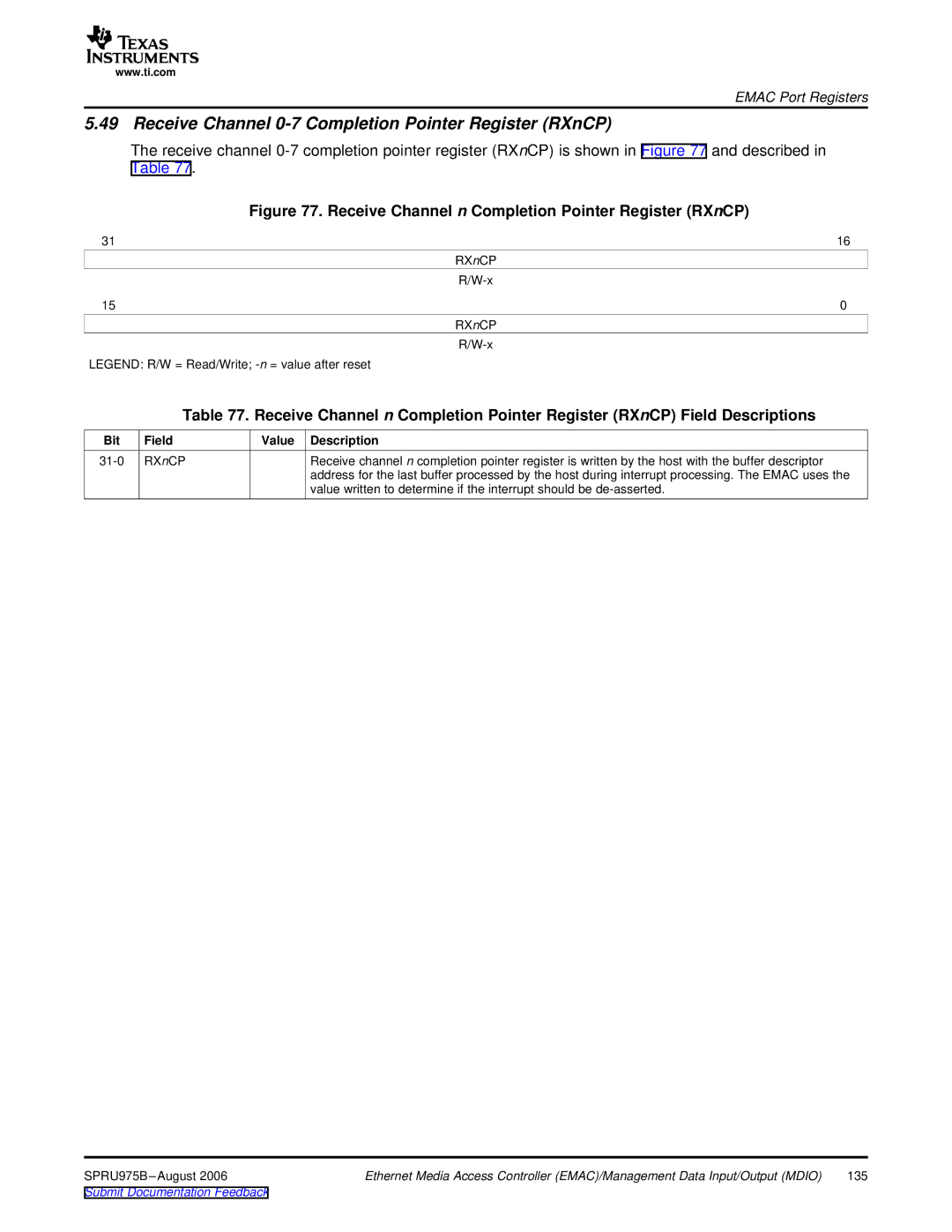 Texas Instruments TMS320C645x DSP manual Receive Channel 0-7 Completion Pointer Register RXnCP 