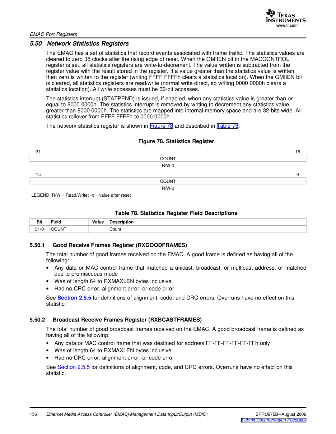 Texas Instruments TMS320C645x DSP manual Network Statistics Registers, Statistics Register Field Descriptions, Count 