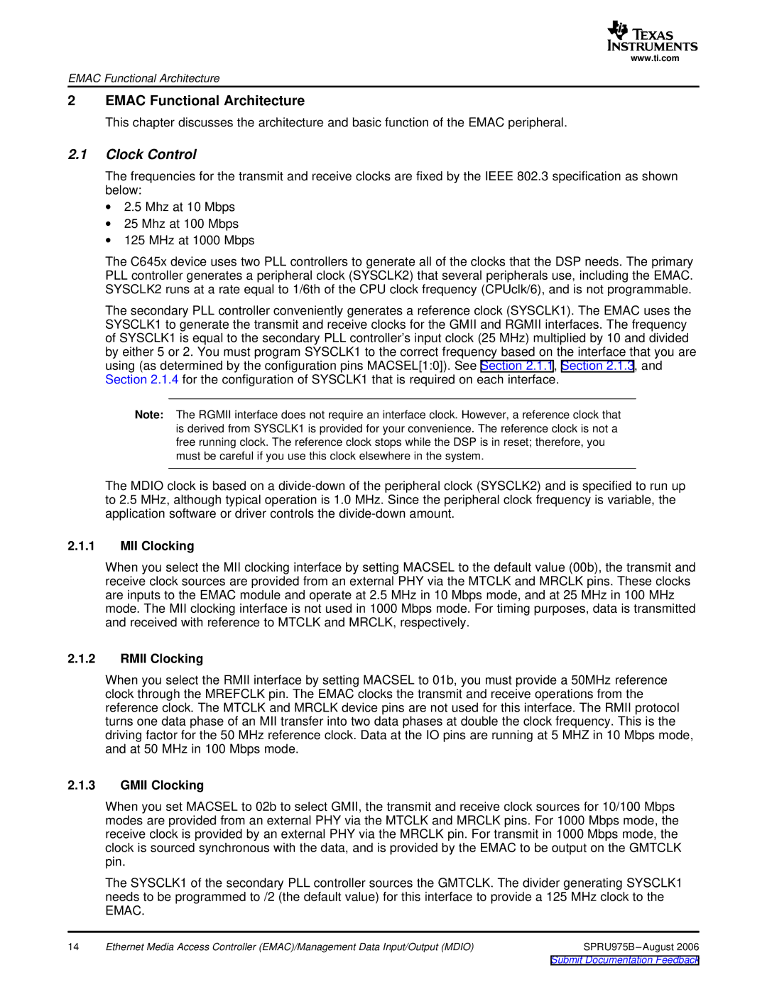 Texas Instruments TMS320C645x DSP manual Clock Control, MII Clocking, Rmii Clocking, Gmii Clocking 