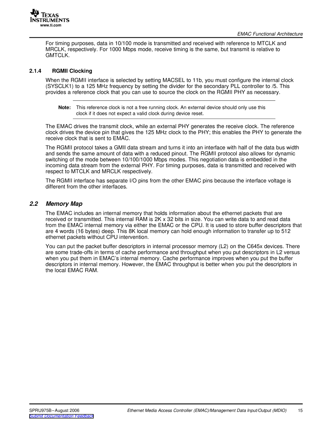 Texas Instruments TMS320C645x DSP manual Memory Map, Rgmii Clocking 