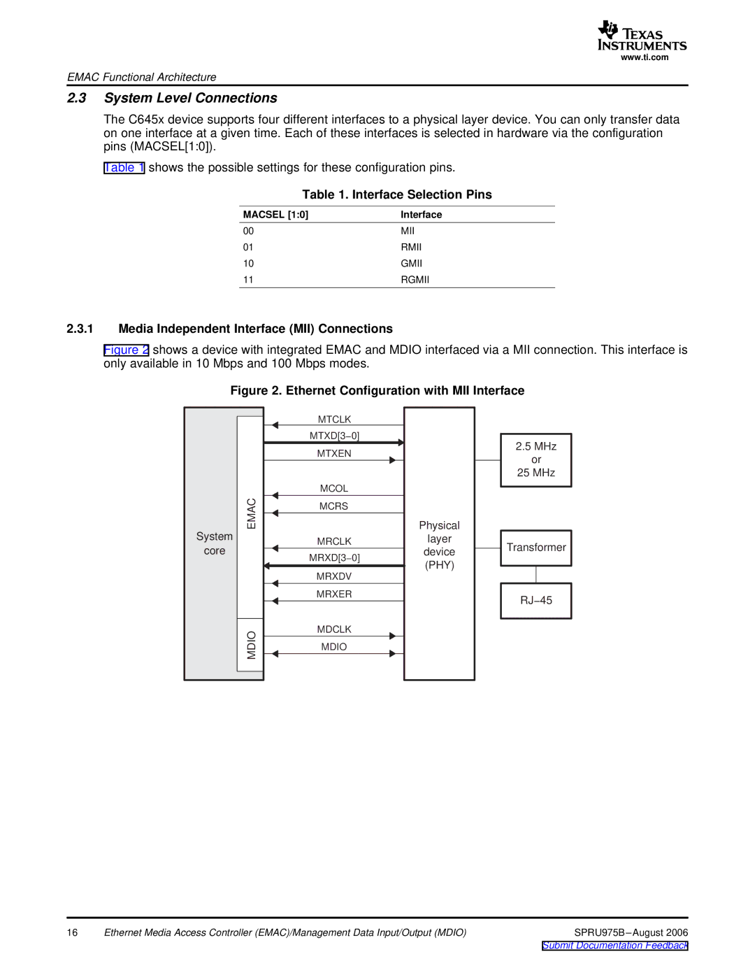 Texas Instruments TMS320C645x DSP manual System Level Connections, Interface Selection Pins 