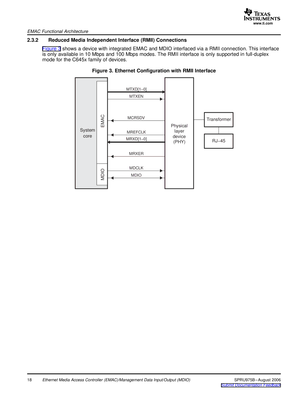 Texas Instruments TMS320C645x DSP manual Reduced Media Independent Interface Rmii Connections, Mtxen Mcrsdv Mrefclk 