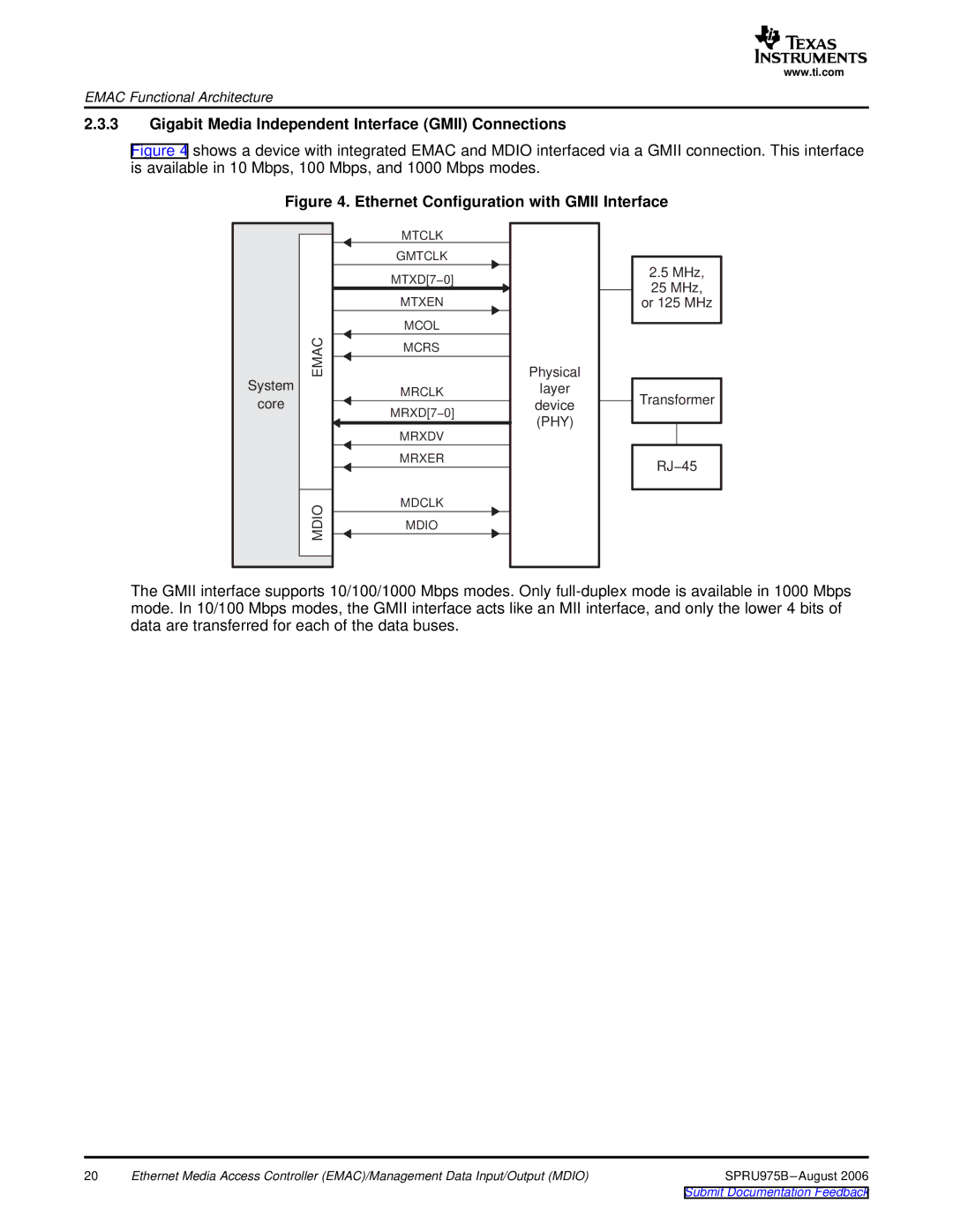 Texas Instruments TMS320C645x DSP manual Gigabit Media Independent Interface Gmii Connections, Mtclk Gmtclk 