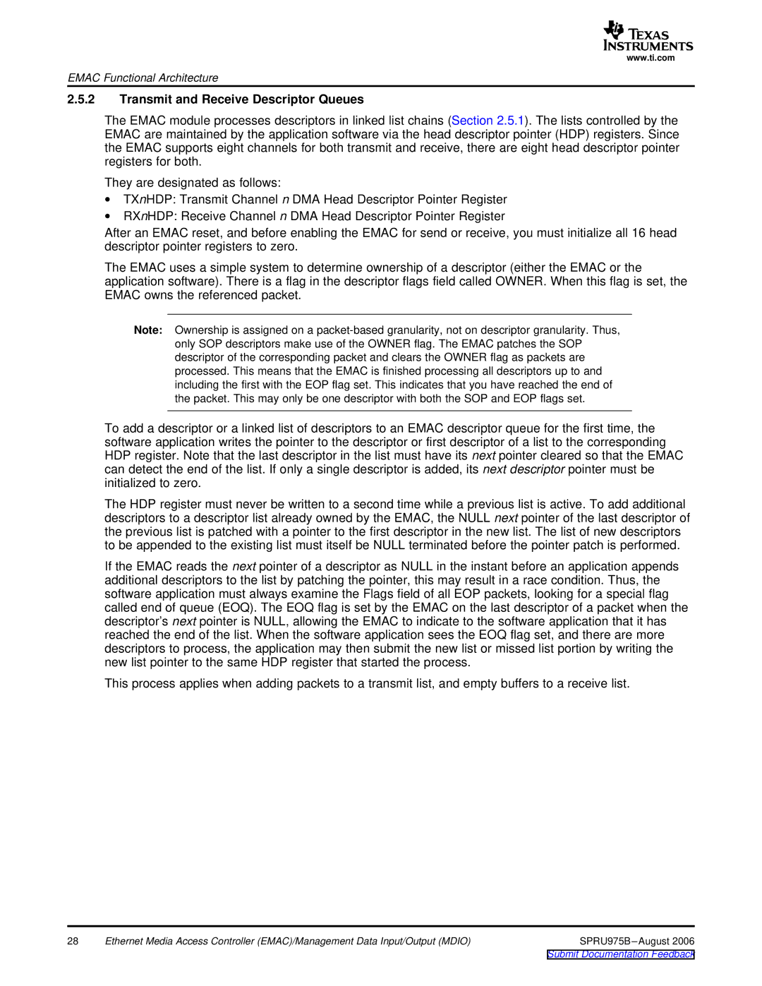 Texas Instruments TMS320C645x DSP manual Transmit and Receive Descriptor Queues 