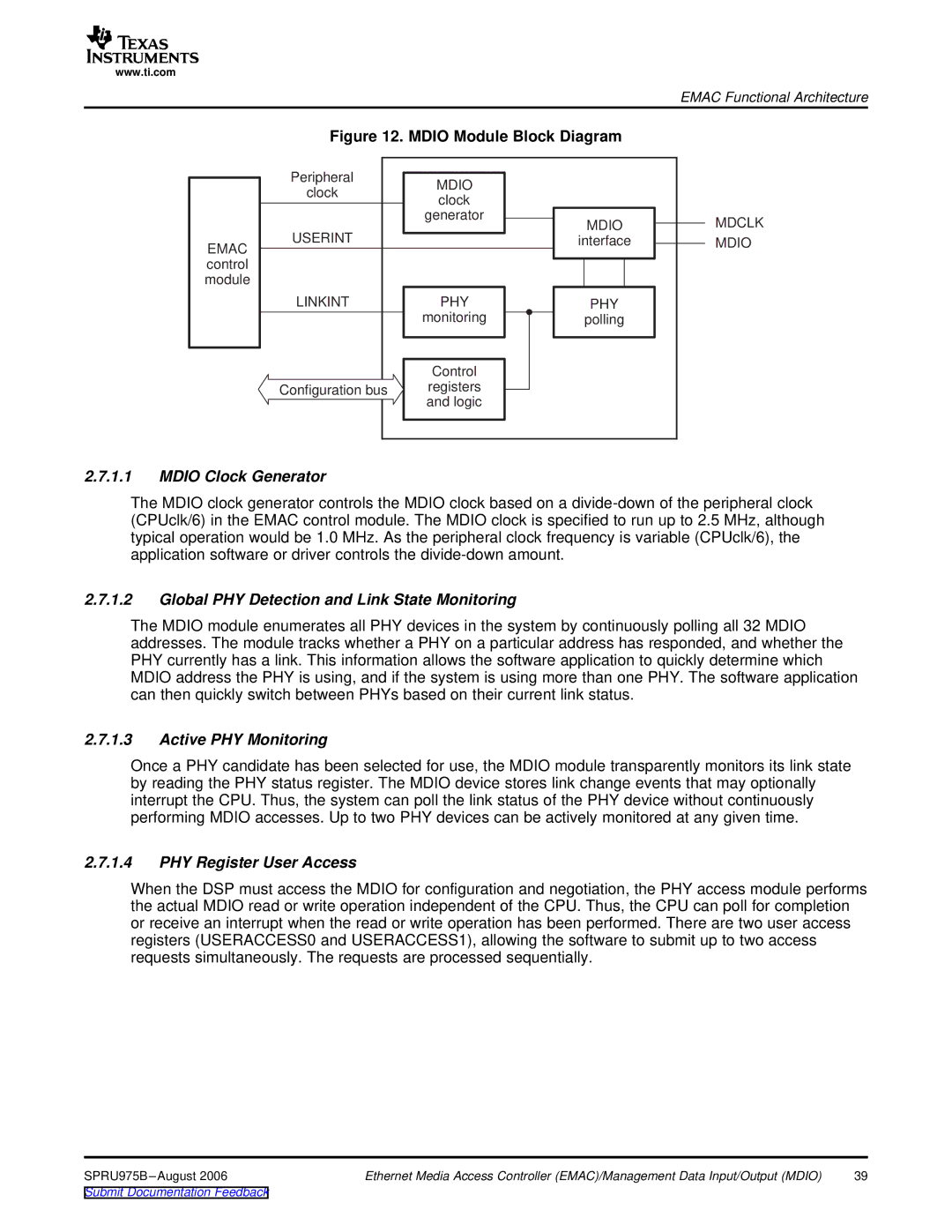 Texas Instruments TMS320C645x DSP manual Mdio Clock Generator, Global PHY Detection and Link State Monitoring 