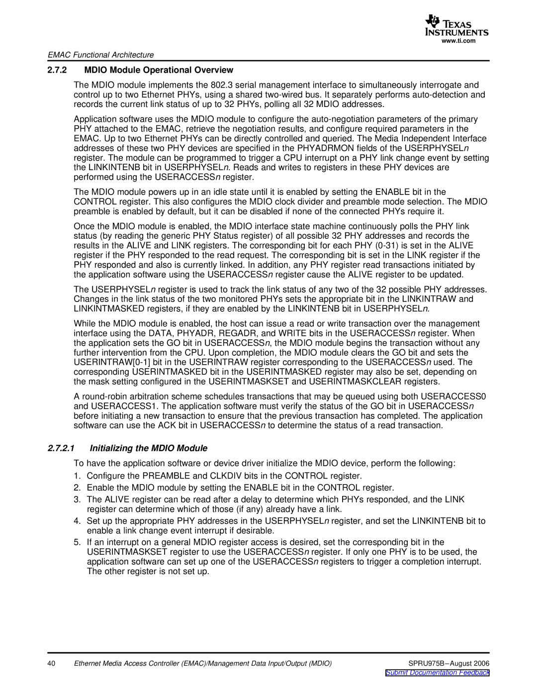 Texas Instruments TMS320C645x DSP manual Mdio Module Operational Overview, Initializing the Mdio Module 