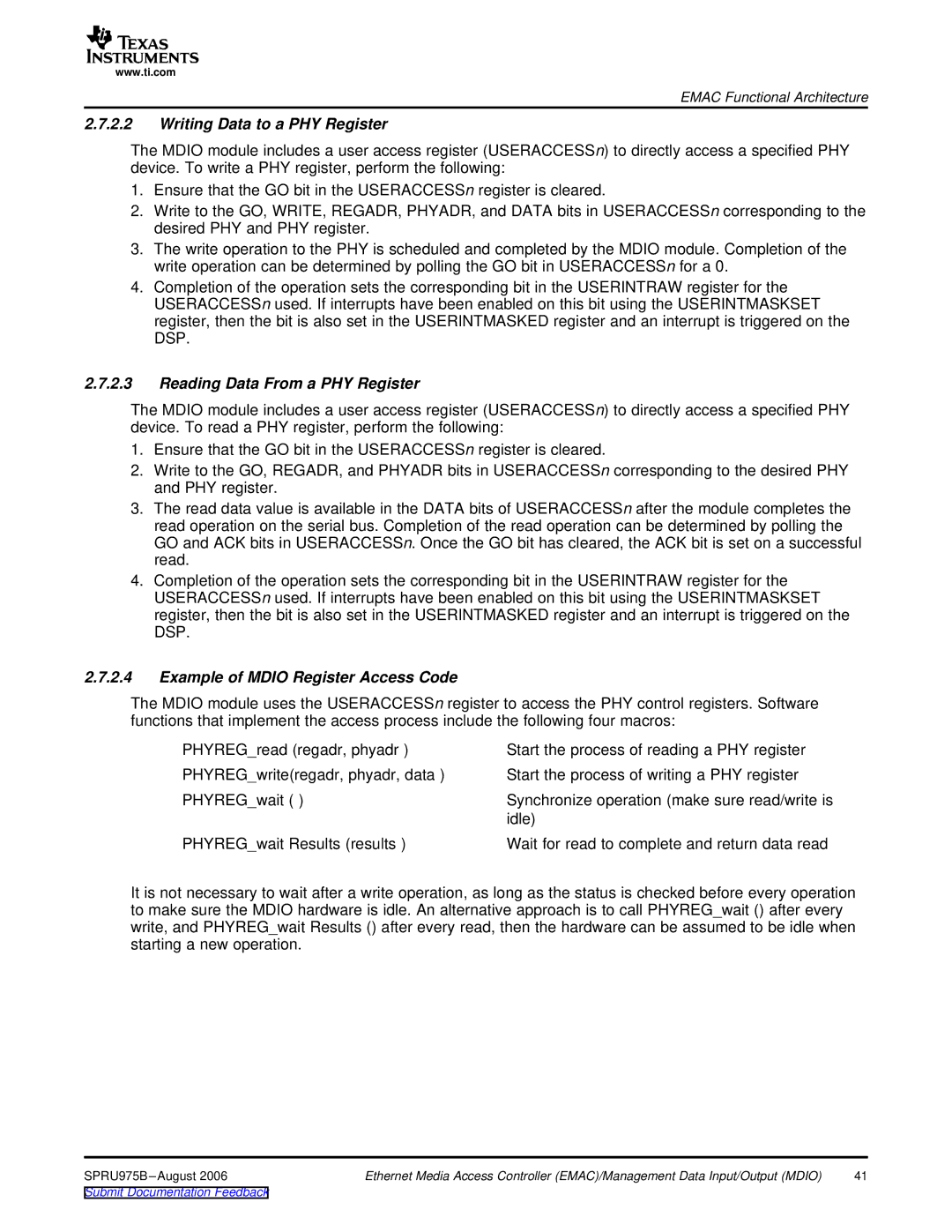 Texas Instruments TMS320C645x DSP manual Writing Data to a PHY Register, Reading Data From a PHY Register 