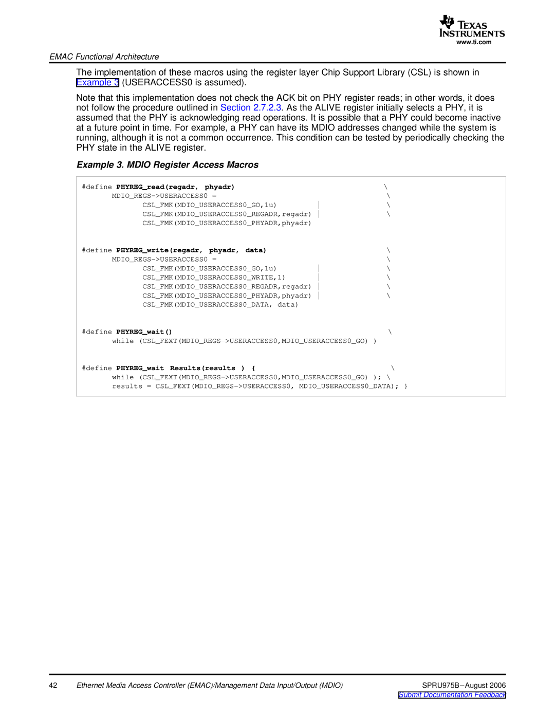 Texas Instruments TMS320C645x DSP manual Example 3. Mdio Register Access Macros, #define PHYREGreadregadr, phyadr 