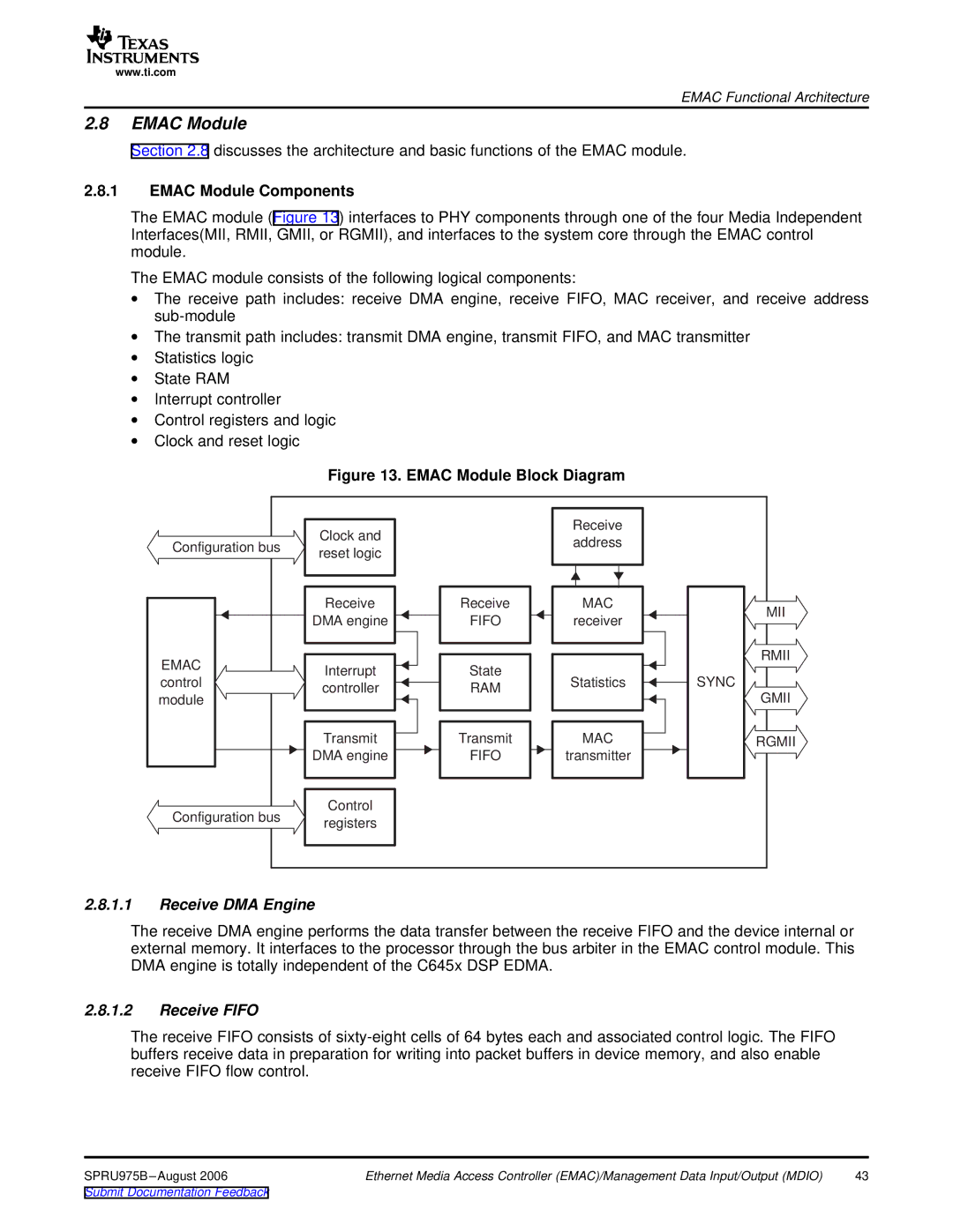 Texas Instruments TMS320C645x DSP manual Emac Module Components, Receive DMA Engine, Receive Fifo 