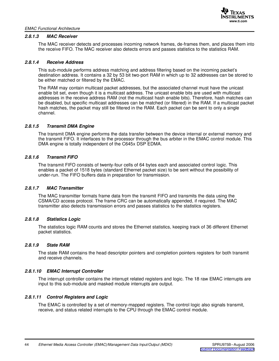 Texas Instruments TMS320C645x DSP manual MAC Receiver, Receive Address, Transmit DMA Engine, Transmit Fifo, MAC Transmitter 