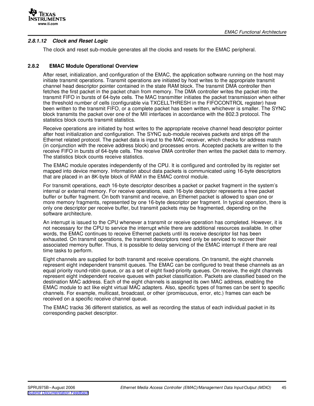 Texas Instruments TMS320C645x DSP manual Clock and Reset Logic, Emac Module Operational Overview 