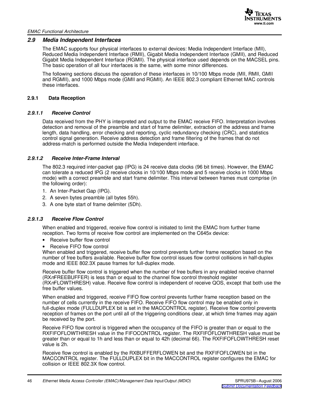 Texas Instruments TMS320C645x DSP Media Independent Interfaces, Data Reception, Receive Control, Receive Flow Control 