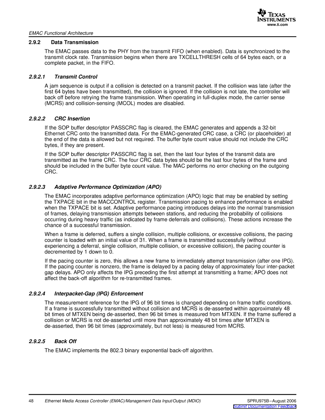 Texas Instruments TMS320C645x DSP manual Transmit Control, CRC Insertion, Adaptive Performance Optimization APO, Back Off 