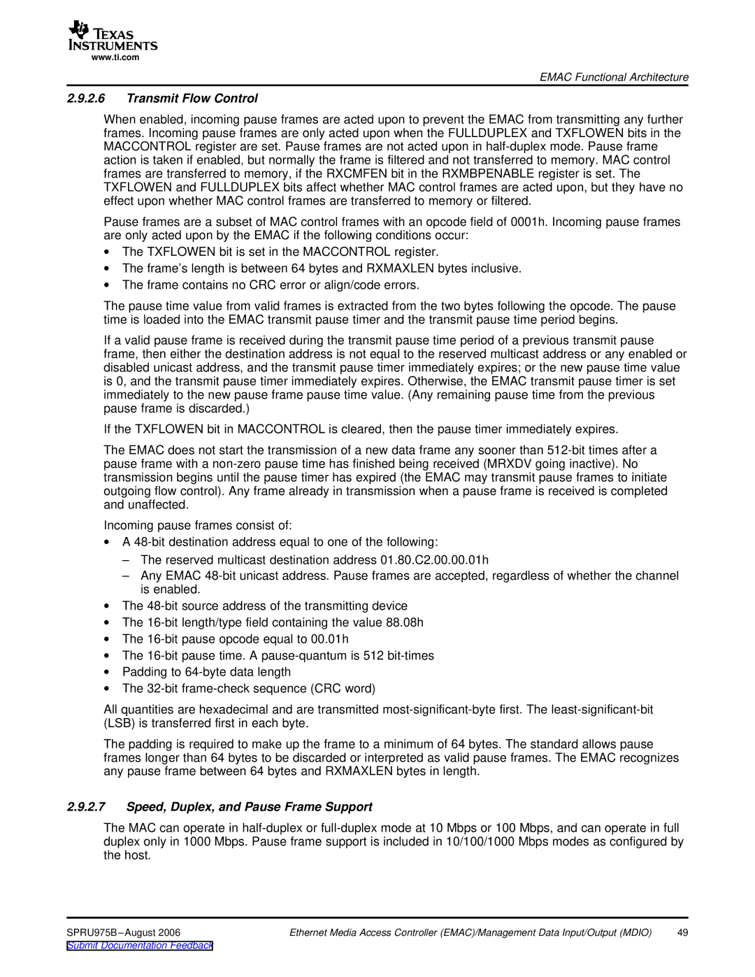 Texas Instruments TMS320C645x DSP manual Transmit Flow Control, Speed, Duplex, and Pause Frame Support 