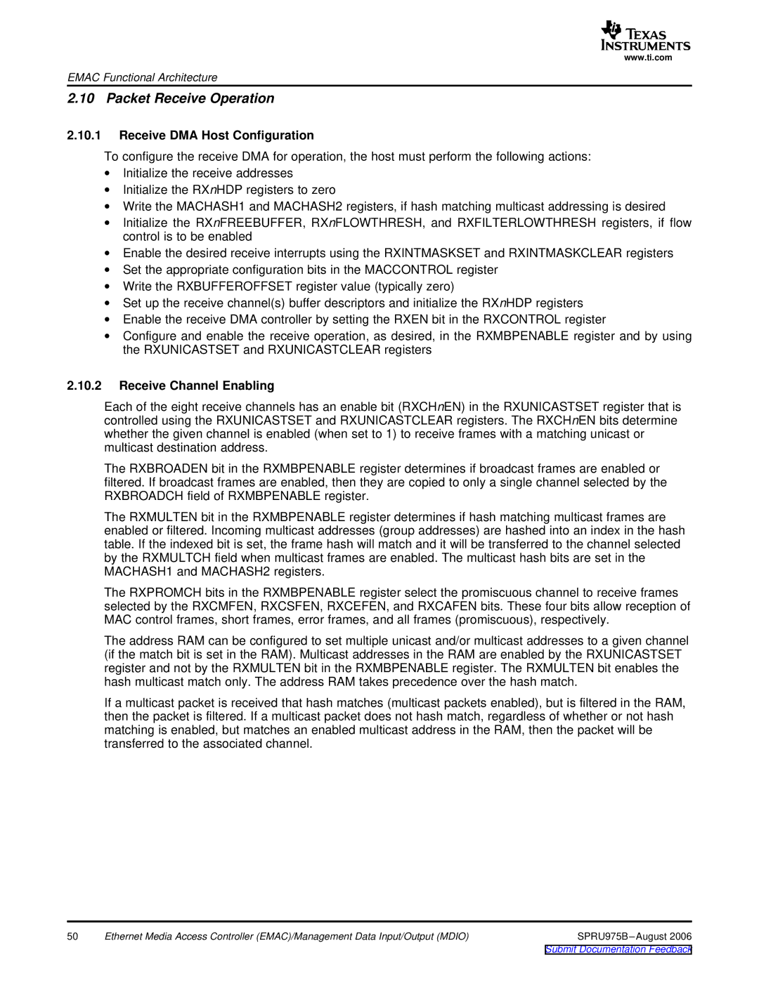 Texas Instruments TMS320C645x DSP manual Packet Receive Operation, Receive DMA Host Configuration, Receive Channel Enabling 