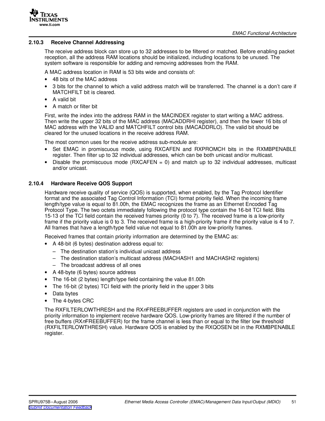 Texas Instruments TMS320C645x DSP manual Receive Channel Addressing, Hardware Receive QOS Support 