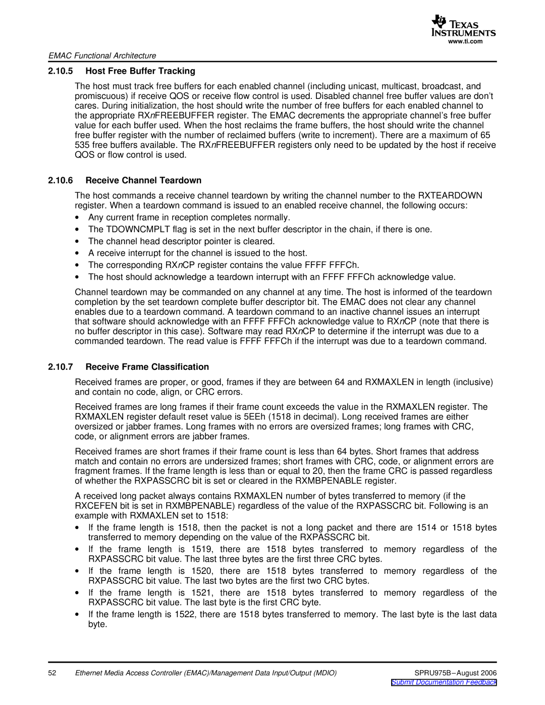 Texas Instruments TMS320C645x DSP manual Host Free Buffer Tracking, Receive Channel Teardown, Receive Frame Classification 