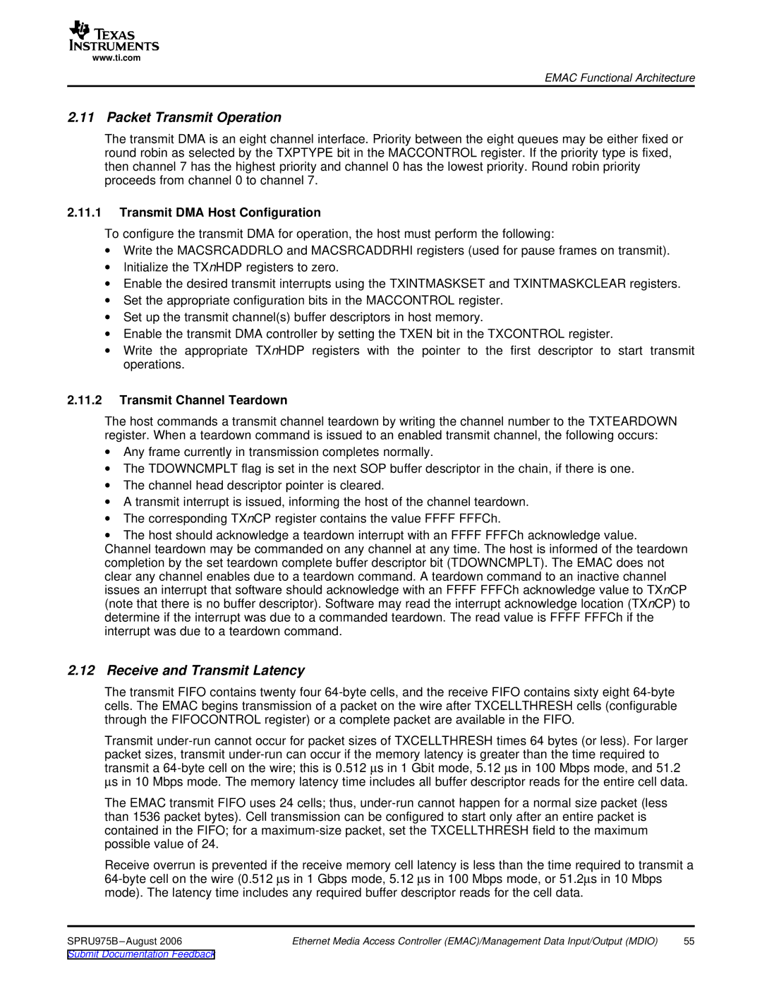 Texas Instruments TMS320C645x DSP Packet Transmit Operation, Receive and Transmit Latency, Transmit DMA Host Configuration 