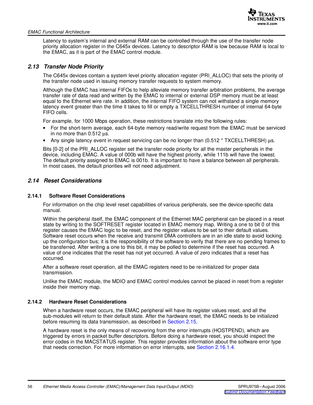 Texas Instruments TMS320C645x DSP Transfer Node Priority, Software Reset Considerations, Hardware Reset Considerations 