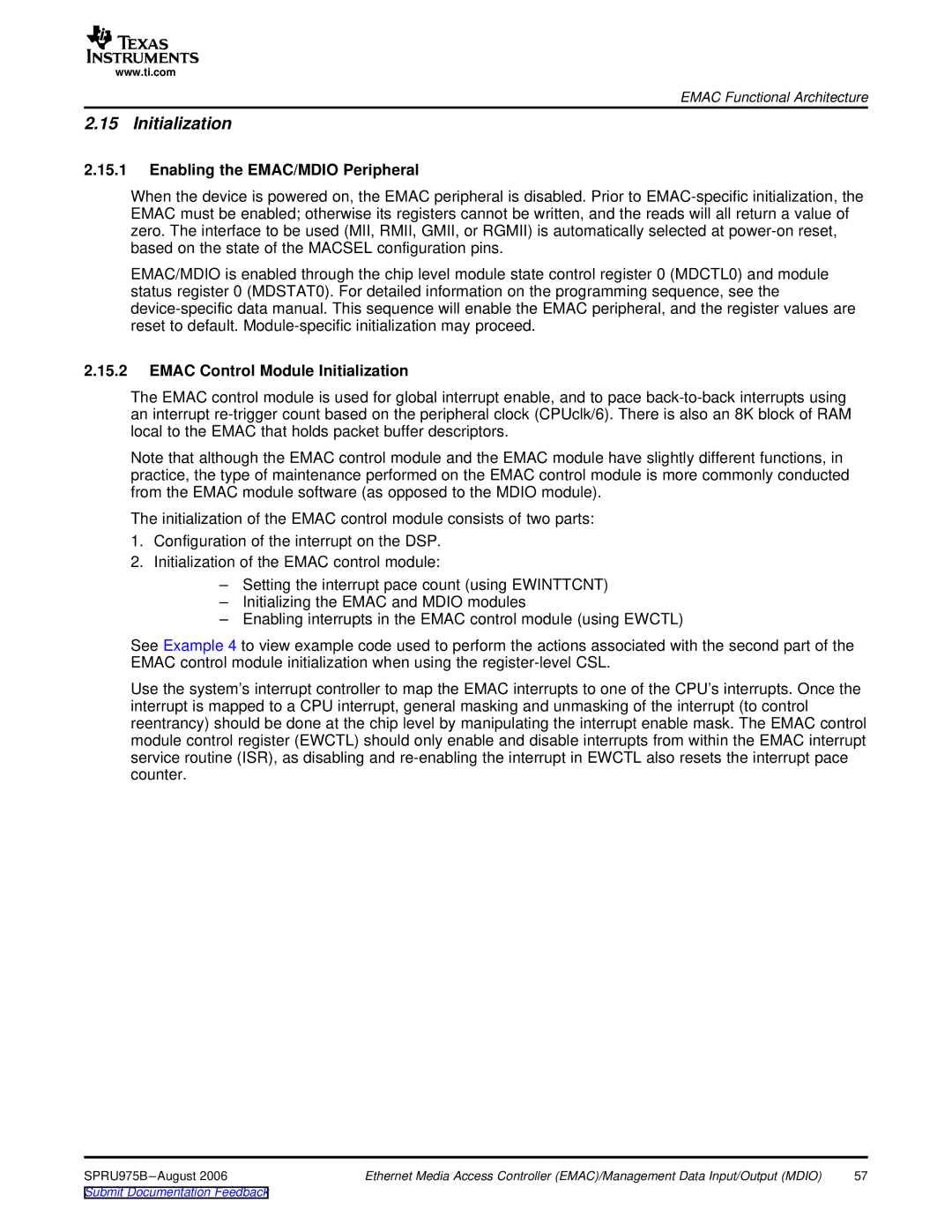 Texas Instruments TMS320C645x DSP manual Enabling the EMAC/MDIO Peripheral, Emac Control Module Initialization 