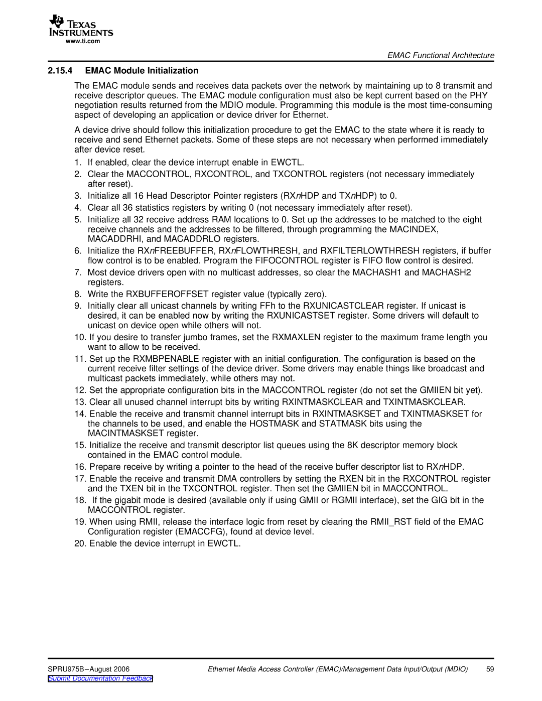 Texas Instruments TMS320C645x DSP manual Emac Module Initialization 