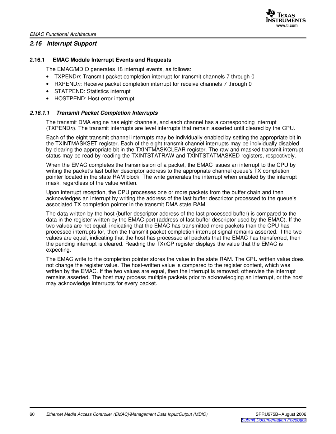 Texas Instruments TMS320C645x DSP manual Interrupt Support, Emac Module Interrupt Events and Requests 