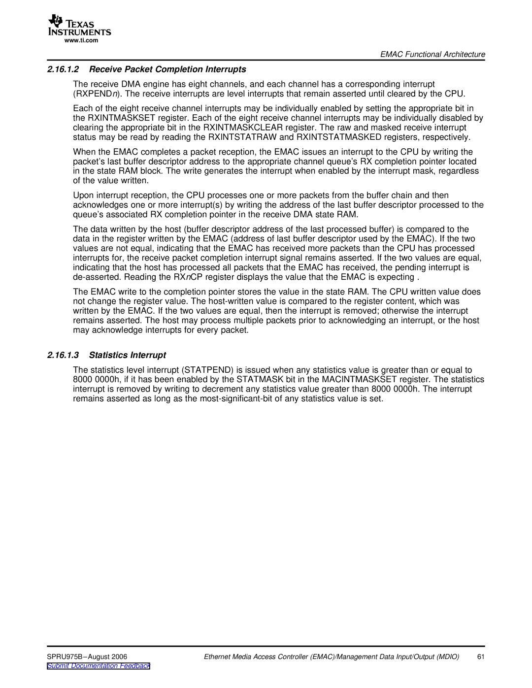 Texas Instruments TMS320C645x DSP manual Receive Packet Completion Interrupts, Statistics Interrupt 