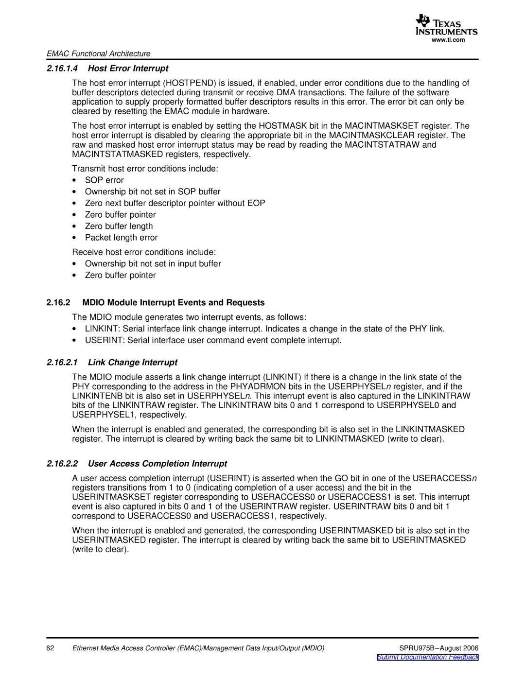 Texas Instruments TMS320C645x DSP Host Error Interrupt, Mdio Module Interrupt Events and Requests, Link Change Interrupt 