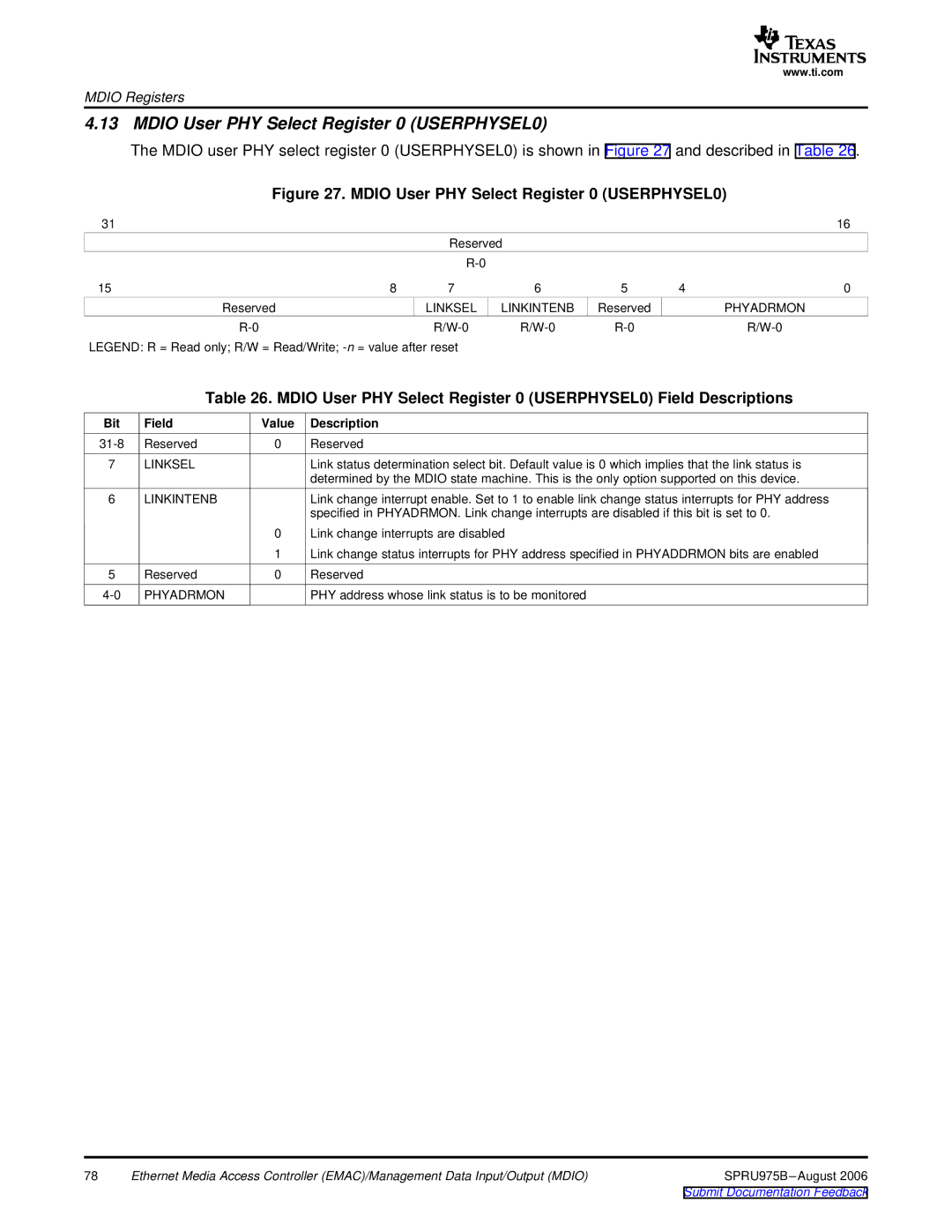 Texas Instruments TMS320C645x DSP manual Mdio User PHY Select Register 0 USERPHYSEL0, Linksel Linkintenb, Phyadrmon 