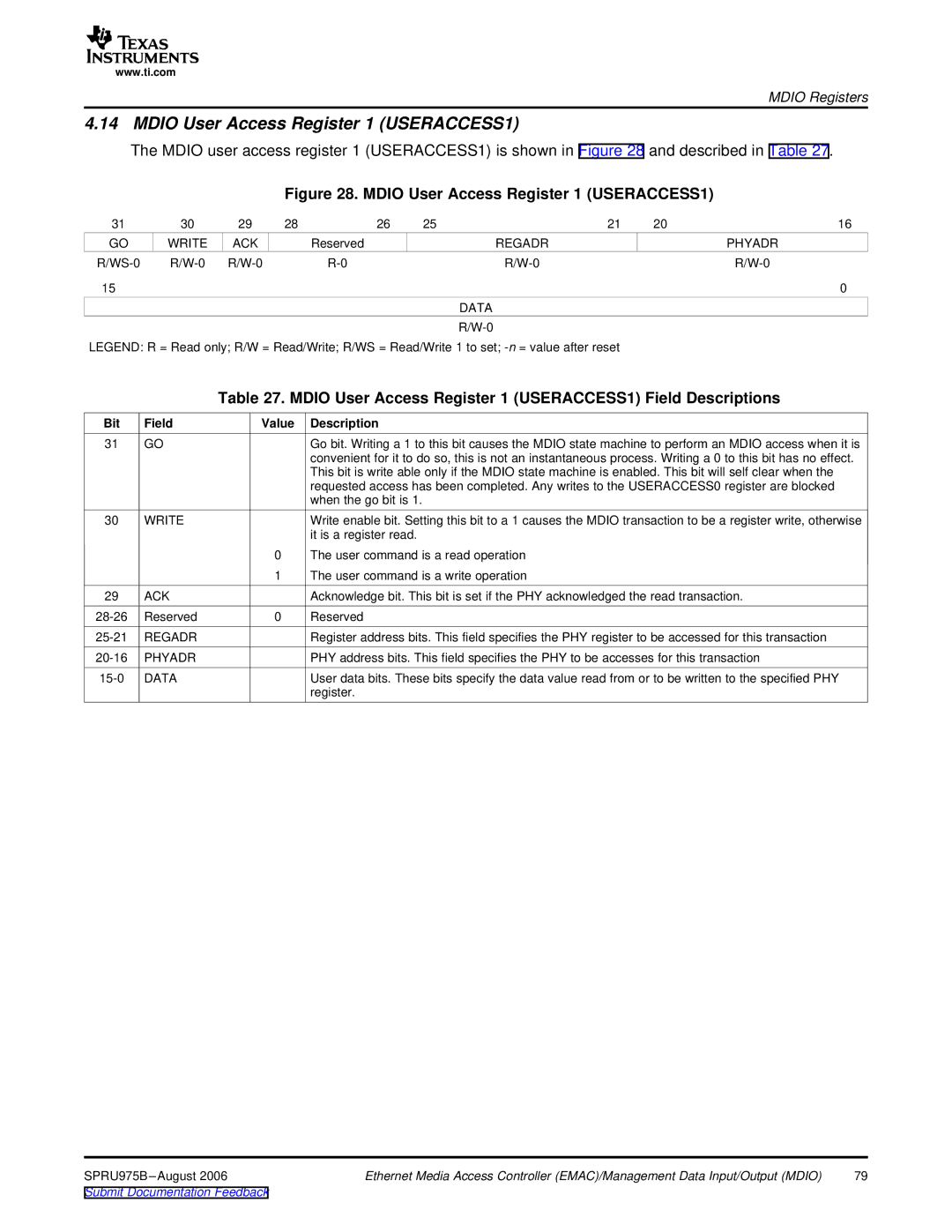 Texas Instruments TMS320C645x DSP manual Mdio User Access Register 1 USERACCESS1 