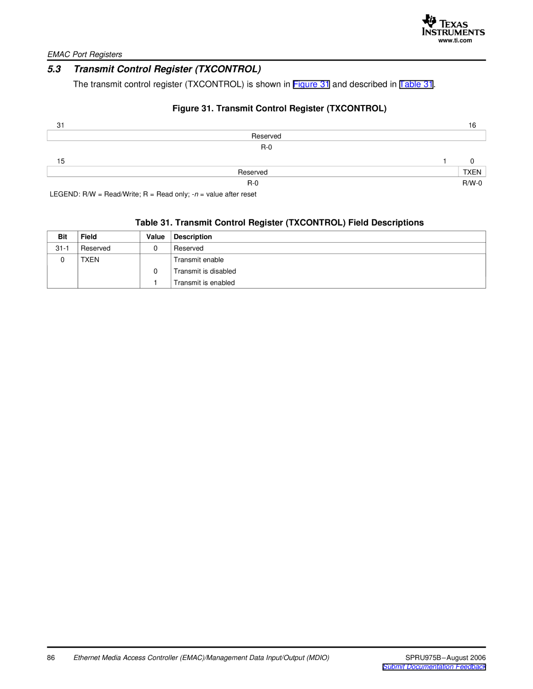 Texas Instruments TMS320C645x DSP manual Transmit Control Register Txcontrol, Txen 