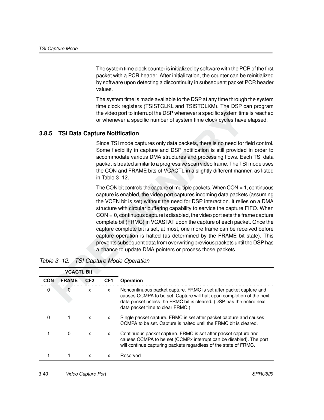 Texas Instruments TMS320C64x DSP manual TSI Data Capture Notification, TSI Capture Mode Operation, Vcactl Bit 