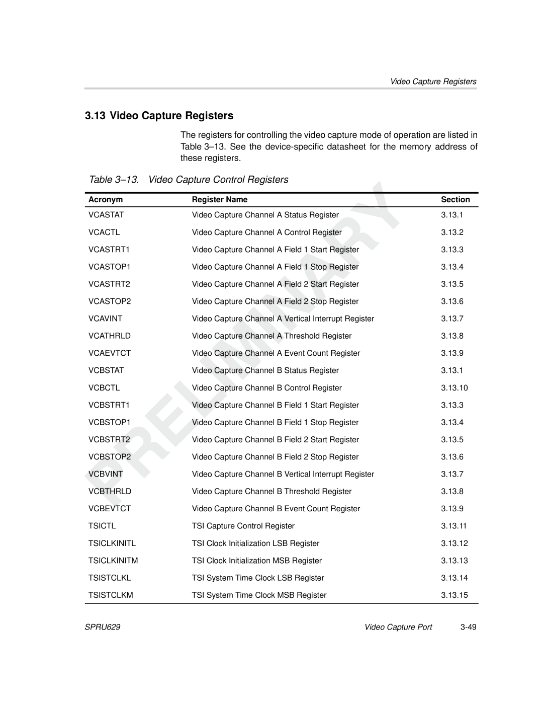 Texas Instruments TMS320C64x DSP manual Video Capture Registers, Video Capture Control Registers 