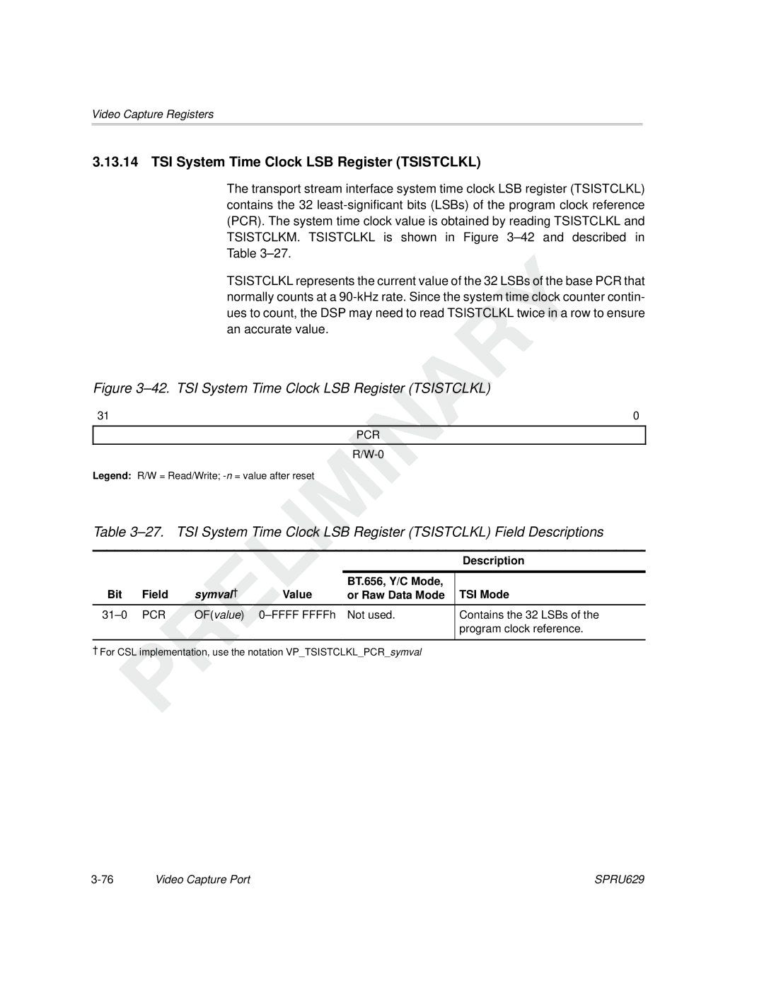 Texas Instruments TMS320C64x DSP manual TSI System Time Clock LSB Register Tsistclkl 