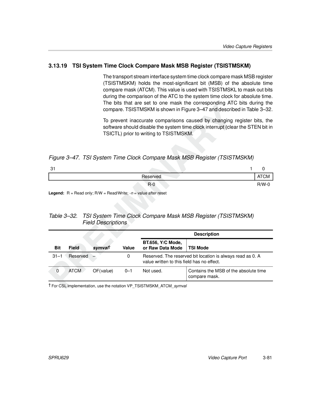 Texas Instruments TMS320C64x DSP manual TSI System Time Clock Compare Mask MSB Register Tsistmskm 