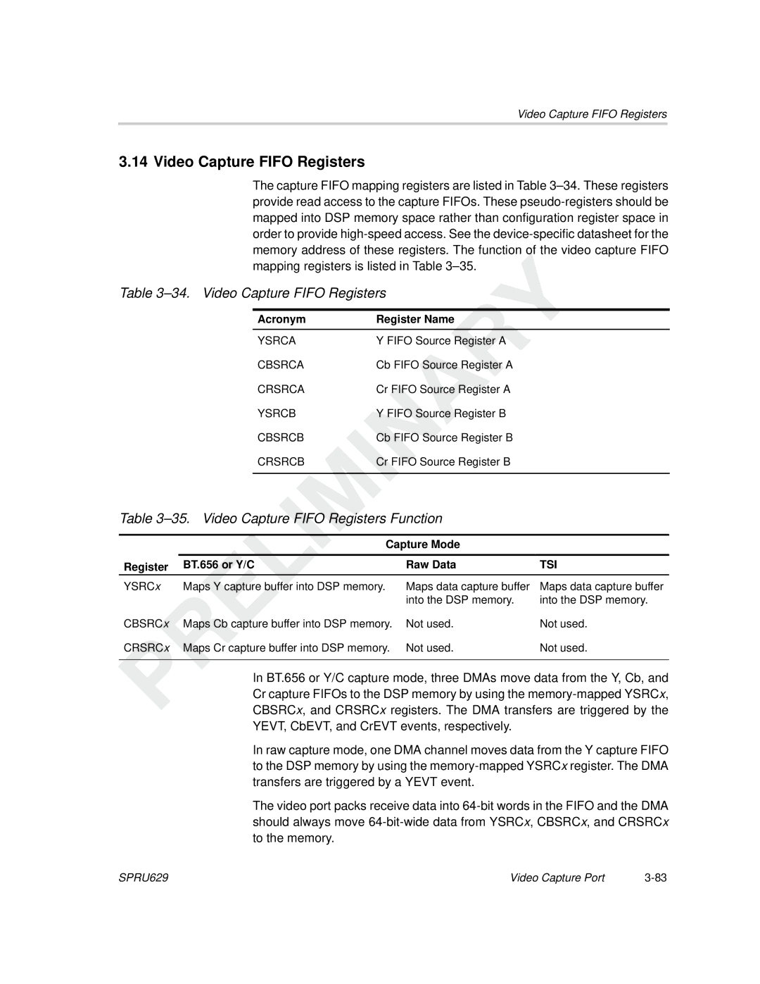 Texas Instruments TMS320C64x DSP manual Video Capture Fifo Registers Function, Acronym Register Name 