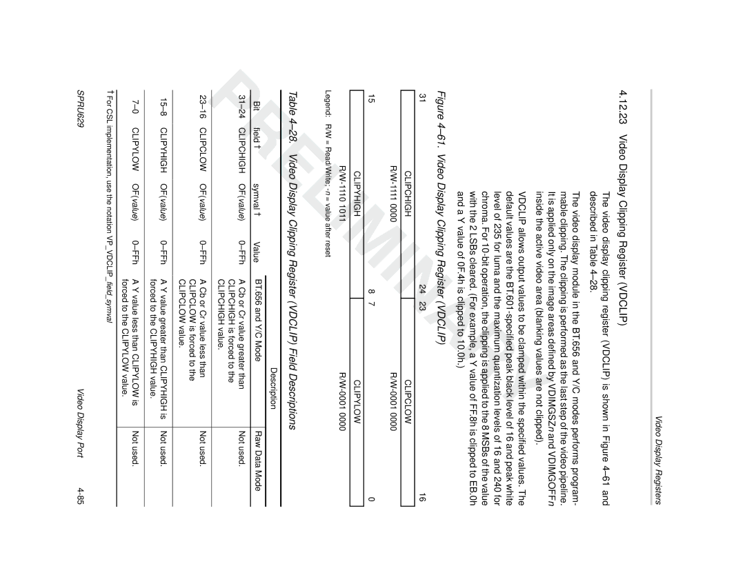 Texas Instruments TMS320C64x DSP manual Video Display Clipping Register Vdclip, Clipchigh, Clipyhigh Clipylow, Clipclow 