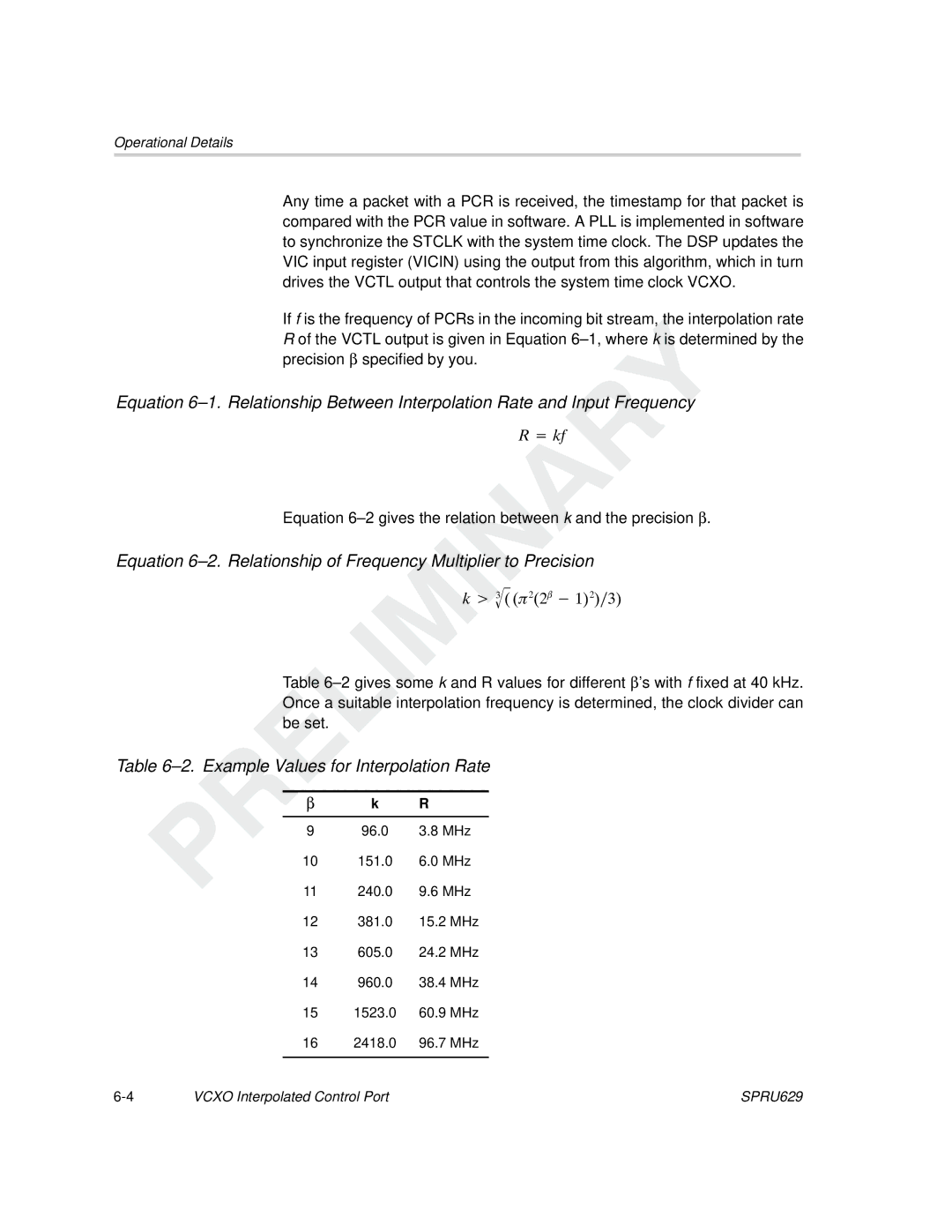 Texas Instruments TMS320C64x DSP manual Example Values for Interpolation Rate 