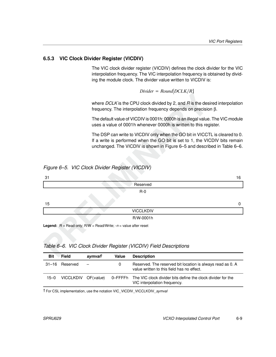 Texas Instruments TMS320C64x DSP manual VIC Clock Divider Register Vicdiv Field Descriptions, Vicclkdiv 