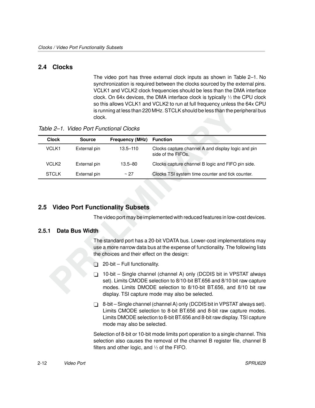 Texas Instruments TMS320C64x DSP manual Video Port Functionality Subsets, Video Port Functional Clocks, Data Bus Width 