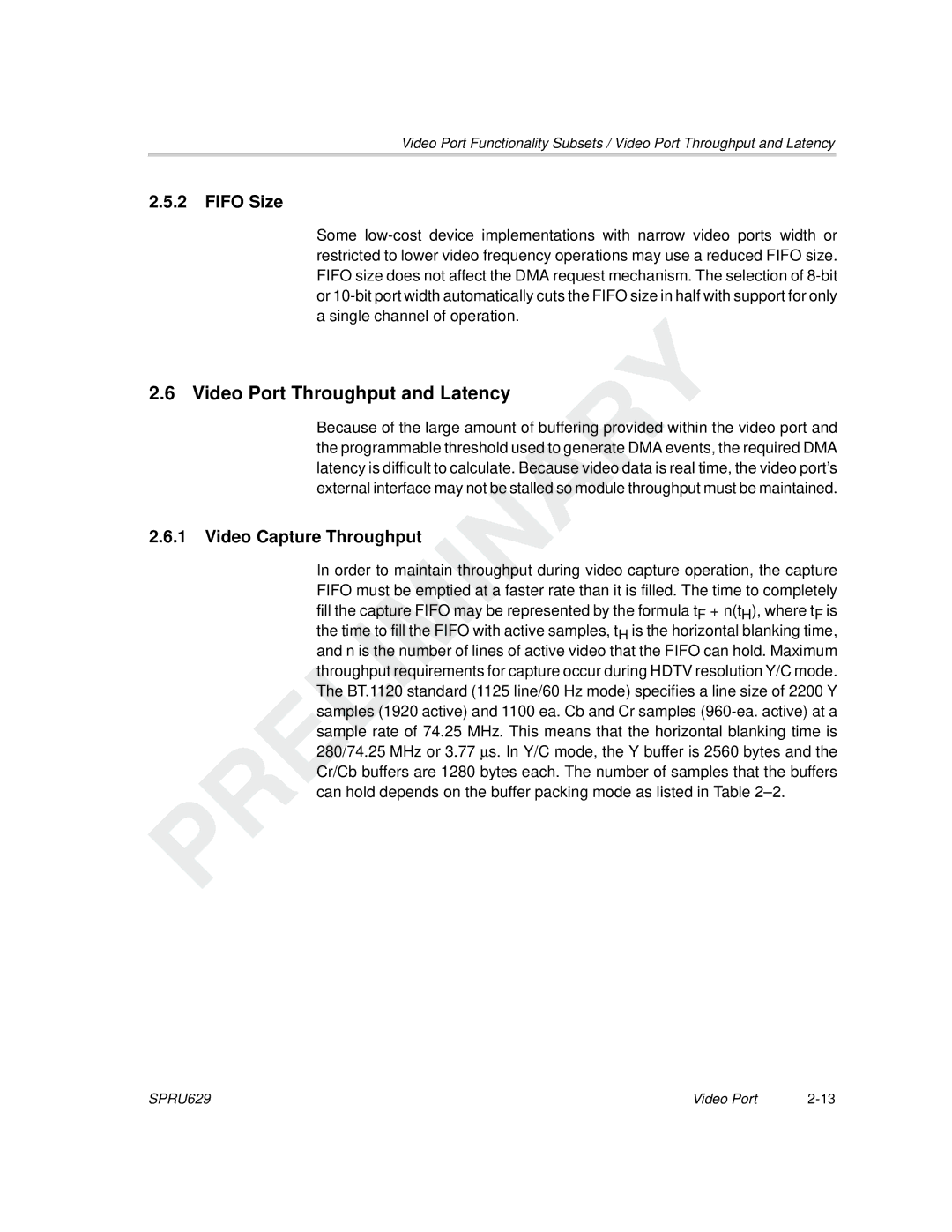 Texas Instruments TMS320C64x DSP manual Video Port Throughput and Latency, Fifo Size, Video Capture Throughput 