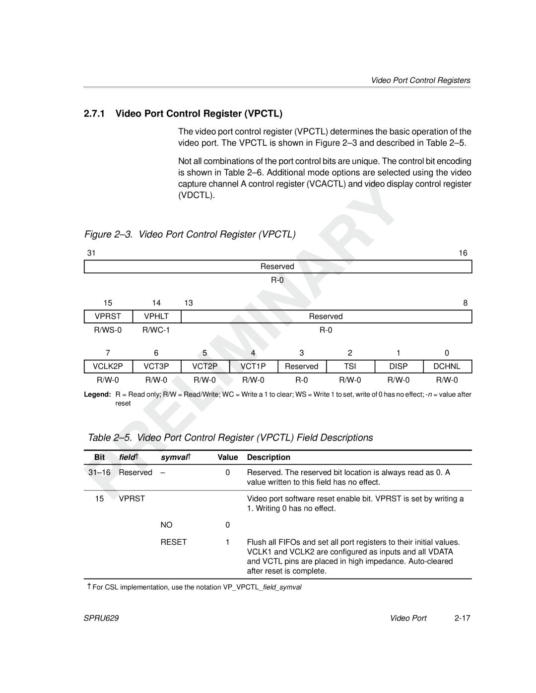 Texas Instruments TMS320C64x DSP manual Video Port Control Register Vpctl Field Descriptions, Bit, Value Description 