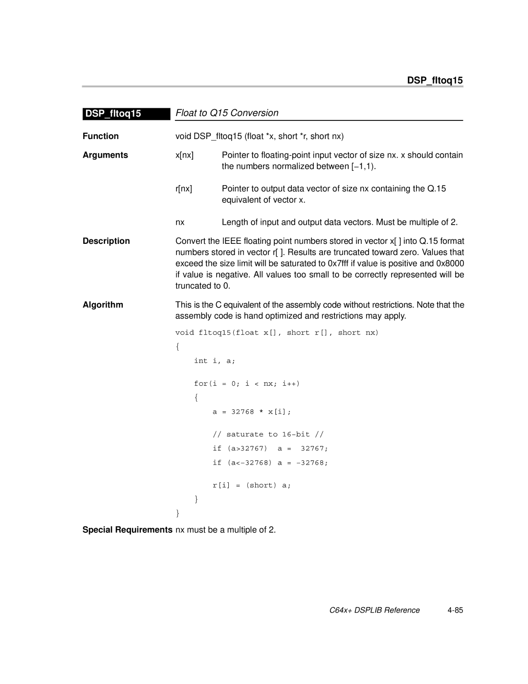 Texas Instruments TMS320C64X manual Float to Q15 Conversion, DSPfltoq15 